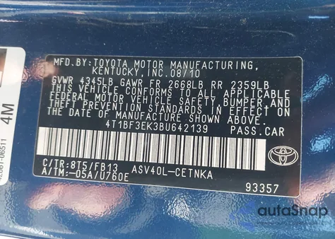 2011 Toyota Camry Le z USA, uszkodzony, nr VIN 4T1BF3EK3BU642139